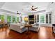 Spacious living room with hardwood floors, fireplace, and built-in bookshelves with great natural lighting at 654 Cannon Rd, Sharpsburg, GA 30277