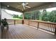 A covered back porch features a ceiling fan, wooden floorboards, and a wooden railing overlooking the wooded backyard at 2311 Arnold Palmer Way, Duluth, GA 30096