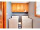 A functional laundry room with appliances, wood cabinets for storage, and a window for natural light at 1123 Willow Trce, Grayson, GA 30017