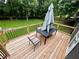 Inviting back deck with wood floors, a table, and an umbrella for relaxation and outdoor enjoyment at 124 Dockside Downs Dr, Woodstock, GA 30189