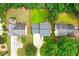 An aerial view showcases a charming home with a well-maintained lawn, surrounded by lush trees and a neatly arranged backyard at 4800 Countryside E, Stone Mountain, GA 30083