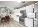 Bright dining area with stainless appliances and large arched window creates a welcoming atmosphere for gatherings at 7720 Paddocks Mill Dr, Cumming, GA 30041