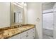 Well-lit bathroom showcasing a vanity with a granite countertop, white cabinetry, and a walk-in shower at 2503 Regency Lake Dr, Marietta, GA 30062