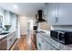 Beautiful kitchen with grey cabinets, granite countertops, stainless steel appliances, and wood-look flooring at 3336 Forrest Hills Dr, Hapeville, GA 30354