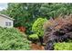 Landscaped yard with colorful bushes and trees, complemented by a wooden deck and stairs at 2613 Winterthur Main Nw, Kennesaw, GA 30144