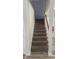 Carpeted staircase with white railings and light-colored wood flooring at base at 3510 Hog Mountain Rd, Dacula, GA 30019