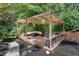 Outdoor deck area featuring comfortable seating, a fire pit, and a dining table at 2716 Meadow Ridge Nw Dr, Duluth, GA 30096