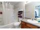 Well-lit bathroom with a shower-tub combo, clean finishes, and ample storage for a relaxing experience at 5351 Paramount View Way, Sugar Hill, GA 30518
