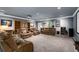 Spacious finished basement features plush carpet, home theatre, and comfortable seating at 7430 Ramsgate Ct, Cumming, GA 30040