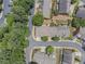 Overhead perspective of a neighborhood highlighting the layout of streets, homes, and green spaces at 401 Wellwood Way, Roswell, GA 30075
