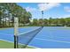 Close-up of a blue tennis court with net and scorekeeper, set against a backdrop of trees at 931 Sublime Trl, Canton, GA 30114