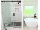 Modern bathroom featuring a soaking tub, frameless shower, designer tiles and matte black finishes at 195 Burbank Nw Dr, Atlanta, GA 30314
