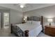 Bedroom featuring a ceiling fan, a tray ceiling, and matching bedside tables and lamps at 2903 Brookshire Way, Duluth, GA 30096