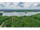 An aerial view showcasing lakefront property surrounded by dense trees at 35 Cornish Creek Ln, Covington, GA 30014