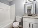 Clean bathroom with white tiles, modern fixtures, vanity with granite countertops and a mirror at 2621 Walton Sw Way, Marietta, GA 30060