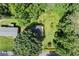 Aerial view of a private backyard oasis surrounded by lush trees with a deck at 2600 Sandpiper Dr, Tucker, GA 30084