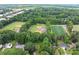 Aerial view of property near neighborhood park, school, and sports fields, surrounded by mature trees at 2600 Sandpiper Dr, Tucker, GA 30084