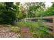 A fenced backyard offers a tranquil outdoor space with garden beds and mature trees, perfect for relaxing at 4520 Dallas St, Acworth, GA 30101