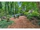 Idyllic backyard setting with comfortable seating, surrounded by lush greenery and mature trees at 1042 Bailey Rd, Woodstock, GA 30188