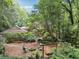 Serene backyard with mature trees, a fire pit, and wooden swing at 1042 Bailey Rd, Woodstock, GA 30188