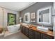 Modern bathroom with a soaking tub, double sinks, and stylish fixtures at 1042 Bailey Rd, Woodstock, GA 30188