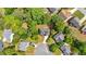 An aerial view shows the home nestled in a neighborhood surrounded by lush trees and a landscaped yard at 5705 Cannonero Dr Dr, Alpharetta, GA 30005