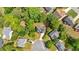 An aerial view showcases the house, surrounded by lush trees and a well-maintained neighborhood at 5705 Cannonero Dr Dr, Alpharetta, GA 30005