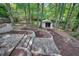 Landscaped backyard featuring stone steps and a charming shed at 2689 Cosmos Ne Dr, Atlanta, GA 30345