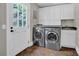 Laundry room complete with front-loading washer/dryer, cabinets, sink, and convenient access to the outdoors at 5154 Meadowbrook Cir, Suwanee, GA 30024