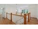 Hallway features hardwood floors, wood and white railings, decorative lighting, and views to outdoors at 968 Dean Nw Dr, Atlanta, GA 30318