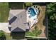 Aerial view of home showcasing the private backyard oasis with pool, spa, and lush landscaping at 108 Fountain Oak, Villa Rica, GA 30180