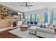 Comfortable living room with wood accent wall, fireplace, built-in shelves, and large windows at 108 Fountain Oak, Villa Rica, GA 30180