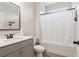 Bathroom featuring vanity with sink, toilet, and shower with curtain at 1564 Brunswick St, Lithia Springs, GA 30122