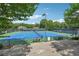 A tennis court bordered with trees and bushes that has benches for players and views of the residential area at 245 River Laurel Way, Woodstock, GA 30188