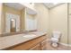 Bright bathroom featuring a single sink vanity with a large mirror and light wood-look floors at 4230 Pilgrim Point Rd, Cumming, GA 30041