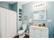 Bright bathroom with a toilet, vanity, shower, and shelving for storage at 2755 Evan Manor Ln, Cumming, GA 30041