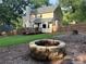 Backyard featuring brick fire pit, well-maintained lawn, and a charming deck attached to the home at 3641 Bramblewood Way, Marietta, GA 30062