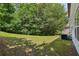 Lush backyard showcasing green lawn and mature trees next to the house at 1025 Pebble Creek Trl, Suwanee, GA 30024