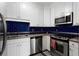 Modern kitchen with stainless steel appliances, white cabinetry, and a vibrant blue tile backsplash at 1421 Peachtree Ne St # 401, Atlanta, GA 30309