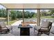 The outdoor patio features a cozy fire pit, comfortable seating, and a view of the pool and backyard at 1408 Chloe Dr, Lawrenceville, GA 30043