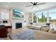 Cozy living room featuring large windows, a stone fireplace, and a plush sofa, creating a relaxing atmosphere at 247 Widener Way, Peachtree City, GA 30269