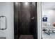 Contemporary shower stall showcasing sleek black tiling and modern fixtures at 247 Widener Way, Peachtree City, GA 30269