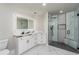 A modern bathroom features marble flooring, an illuminated mirror, and a glass shower at 5755 Riley Rd, Cumming, GA 30028
