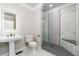 Modern bathroom featuring a glass shower, pedestal sink, and sleek fixtures at 5755 Riley Rd, Cumming, GA 30028