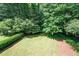 Lush backyard is well-maintained with mature trees, green grass, and trimmed hedges at 5418 Amity Dr, Powder Springs, GA 30127