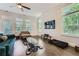 Bright living room boasts large windows, a modern ceiling fan, and comfortable seating arrangements at 816 S Columbia Dr, Decatur, GA 30030