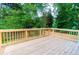 Wooden deck featuring wood railings overlooking the tree-filled backyard at 909 Shiloh Ridge Nw Run, Kennesaw, GA 30144