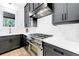 A modern kitchen featuring a stainless steel range and black cabinetry with white subway tile backsplash at 10862 Serenbe Ln, Chattahoochee Hills, GA 30268