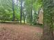 Wooded backyard with mature trees providing shade and a view of the home's exterior at 33 Powder Dr, Dallas, GA 30157