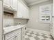 Charming laundry room with white cabinetry, a utility sink, and a bright window at 145 Ardsley Ln, Alpharetta, GA 30005